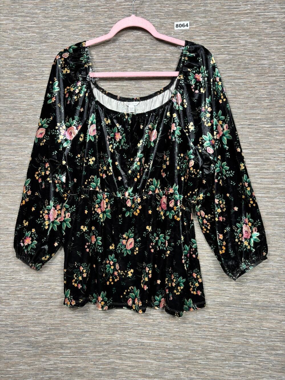 Cato Velvet Peasant Blouse 18/20W Black Pink Rose Floral Cottage Core Coquette
